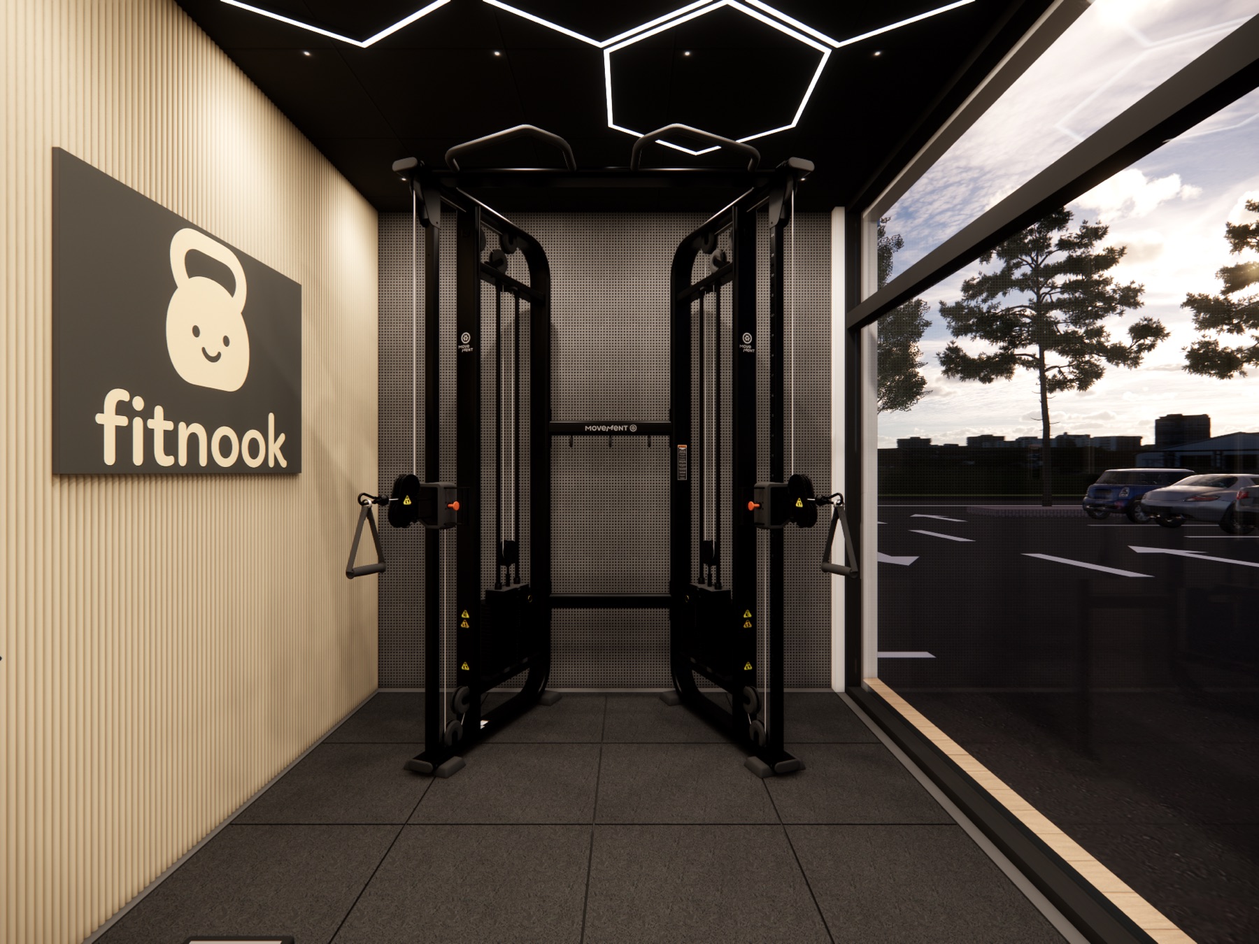 Cable functional trainer in a fitnook pod with branding visible