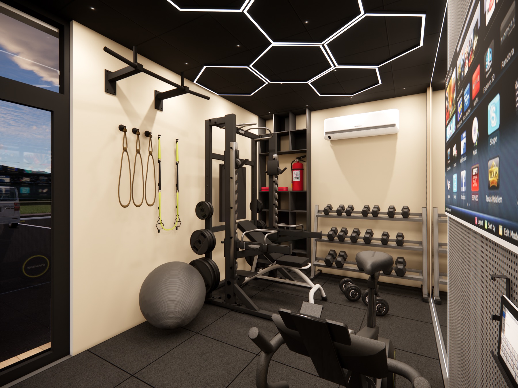 Half-rack and bench with adjustable plates and TRX straps