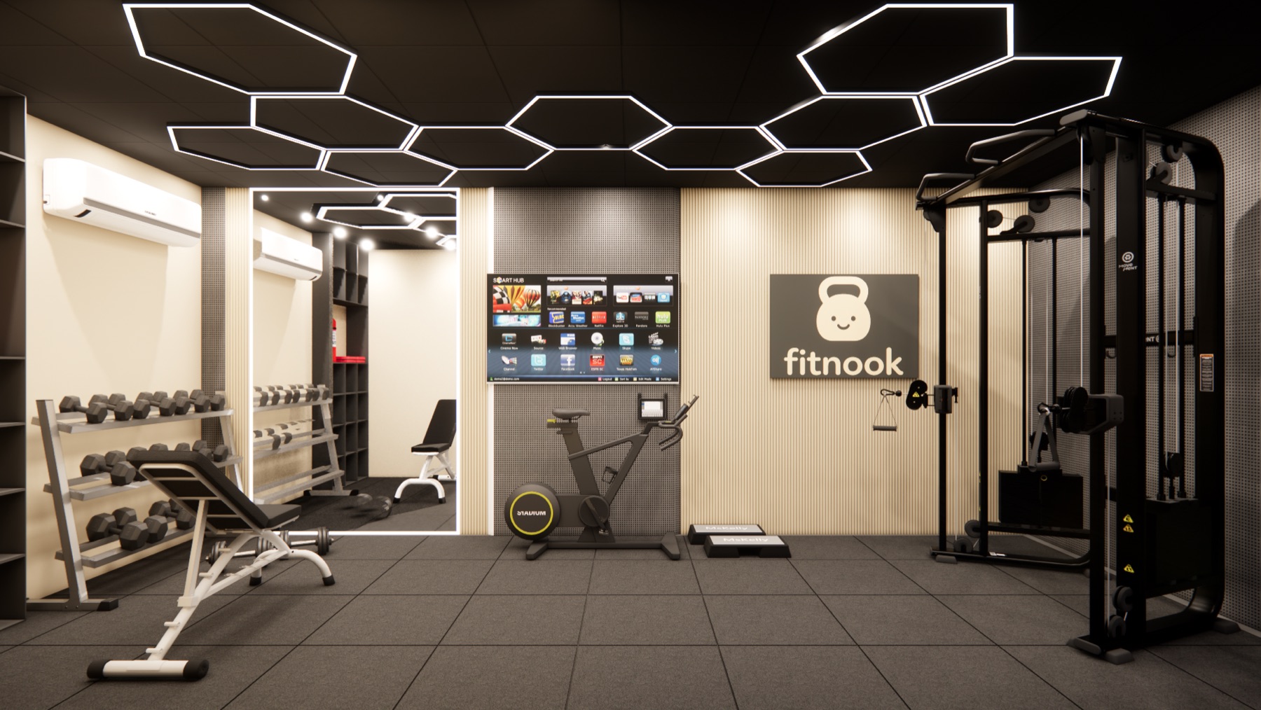 Wide view of fitnook interior with cable machine, stationary bike, and screen